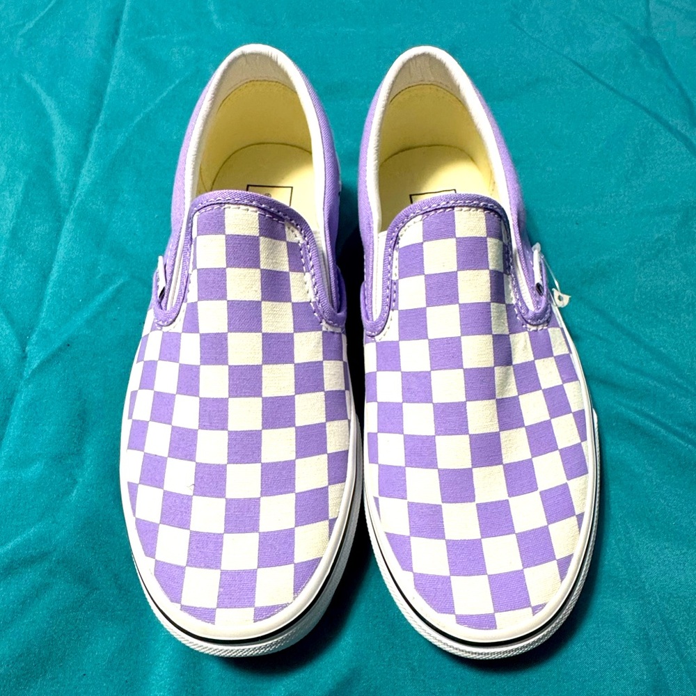 Vans checker pattern purple and white slip on sneaker. NEVER WORN!!!